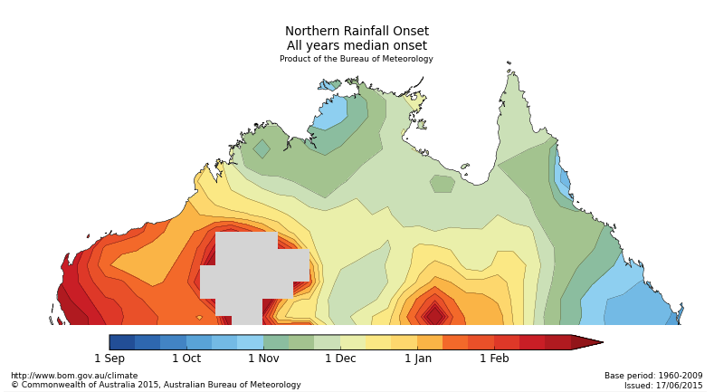 Map of median dates for northern rainfall onset, 1960–2009